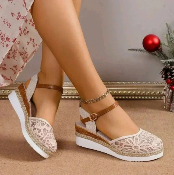 . Shoes - Women's Lace Breathable Mesh Bohemian Straw Woven Fairy Style Peep Toe Wedges
